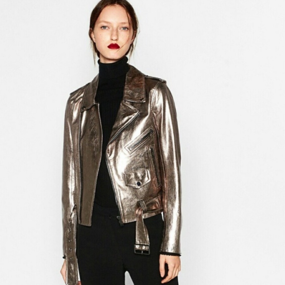 Zara Metallic Genuine Leather Belted Moto Jacket